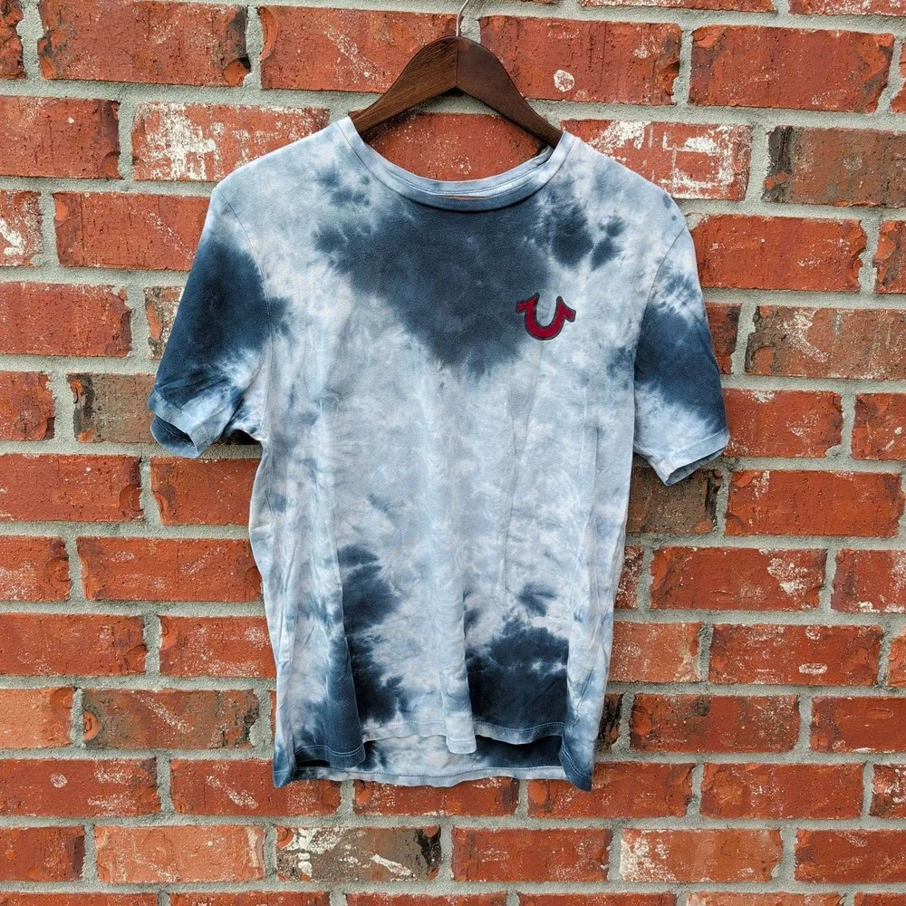 True Religion Graphic T-Shirt Mens Small Blue Tie Dye World Tour Buddha Guitar